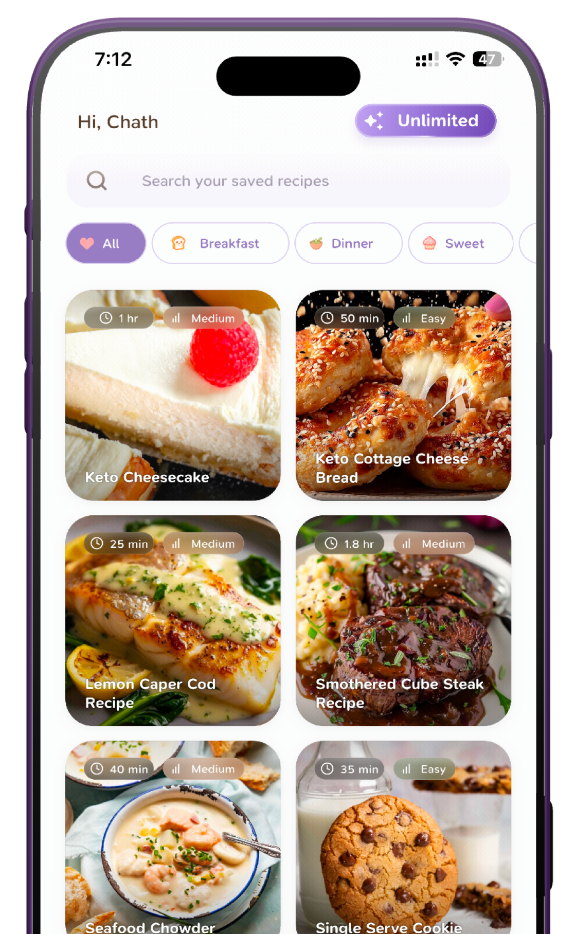 TinyRecipia saved recipes phone preview